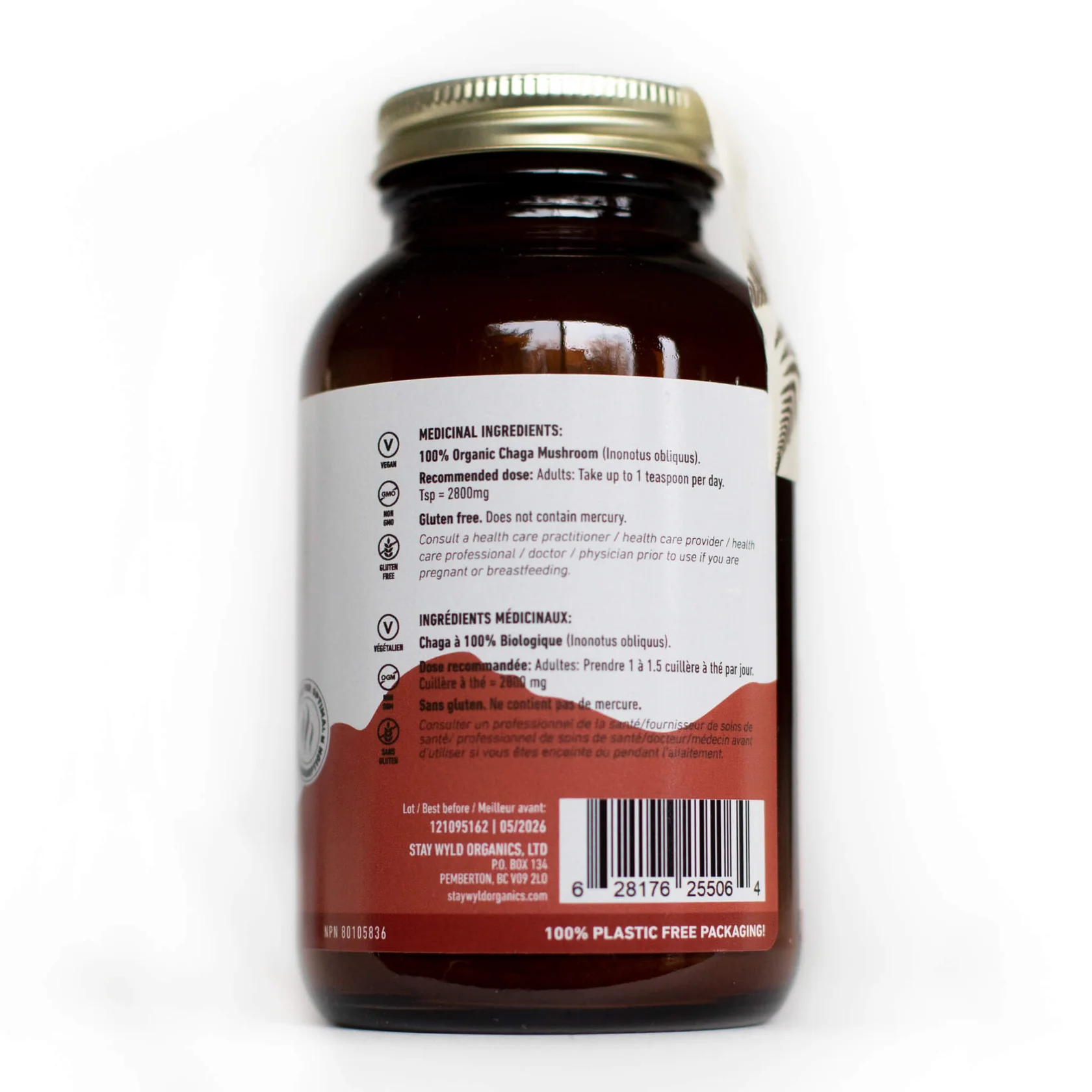 stay wyld organics – chaga mushroom capsules (bottle of 60)