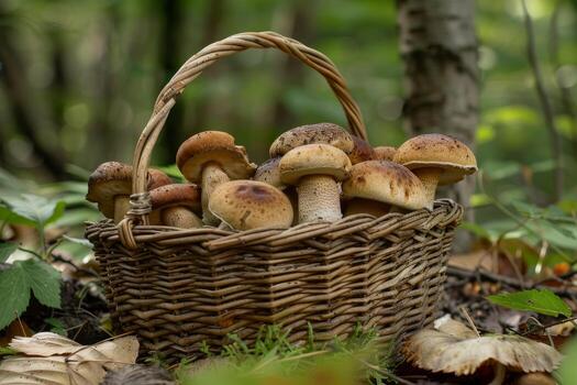 wicker basket full of fresh mushrooms in a forest photo