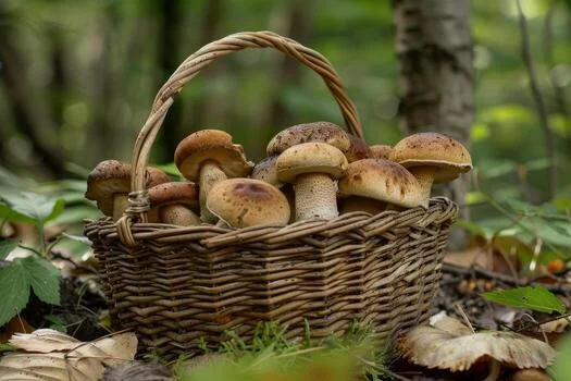 wicker basket full of fresh mushrooms in a forest photo